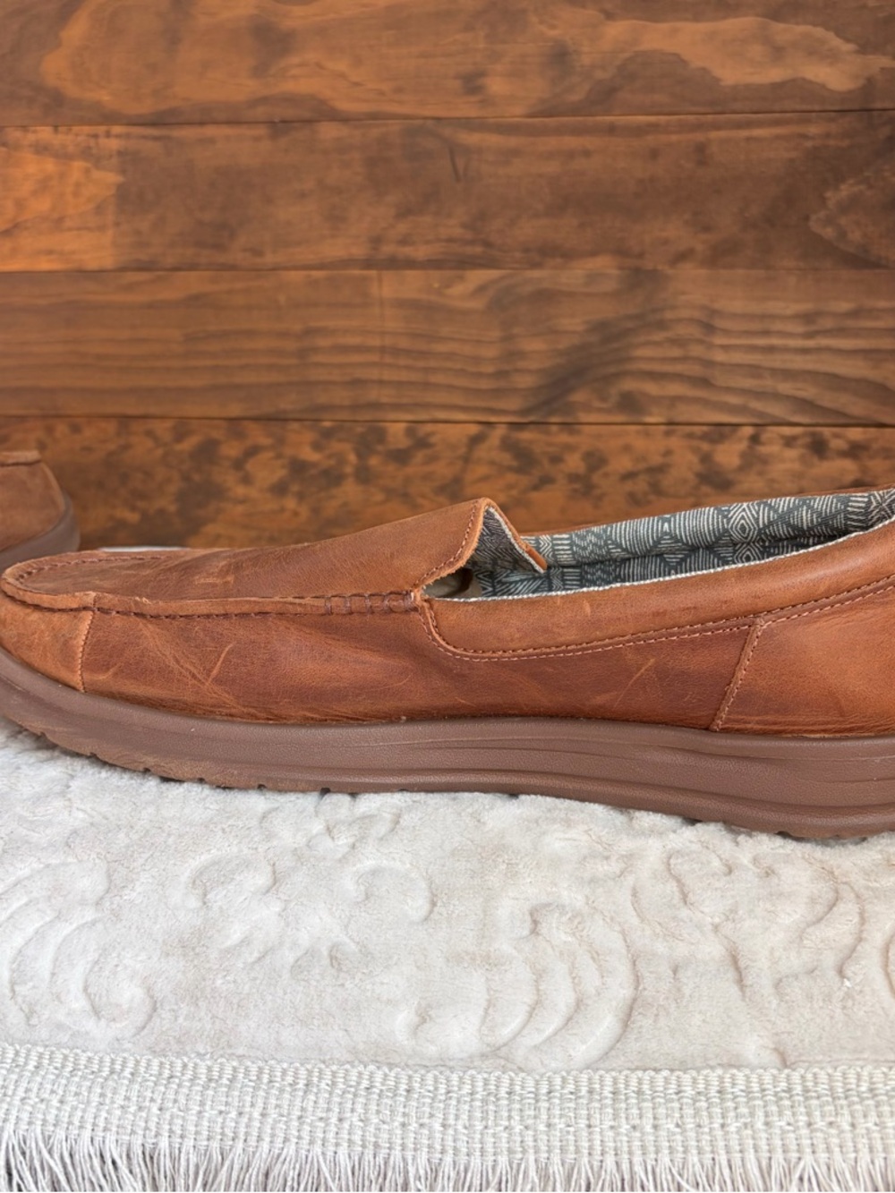 Hey Dude Wally Grip Moc Craft Leather Shoes Men Sz 15 Brown Slip On Comfort EUC - Picture 15 of 16